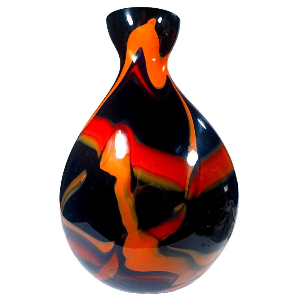Makora Krosno Monumental Flames Heavy Art Glass Vase Polish Black Red Orange